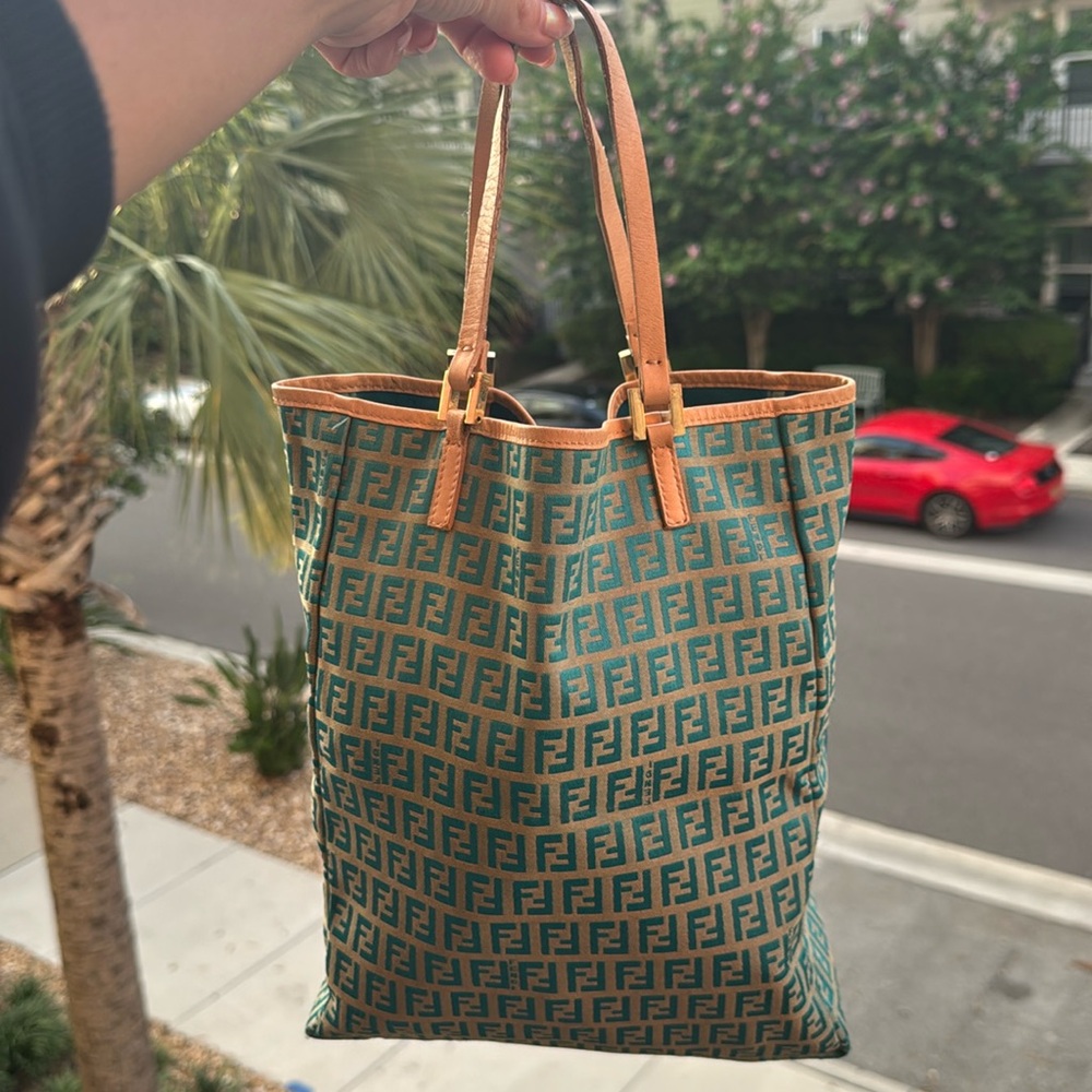 Fendi Zucchino Tote w/ Pouch – Rare Turquoise Monogram w/ COA - Picture 5 of 15